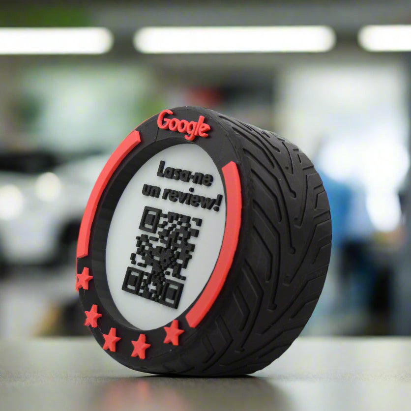 QR & NFC Stand for Google Reviews – F1 Wheel Design in Multiple Colors