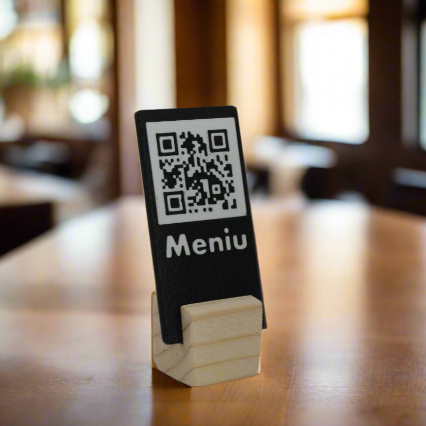QR Card with Natural Wood Stand – Perfect for Menus and Reservations