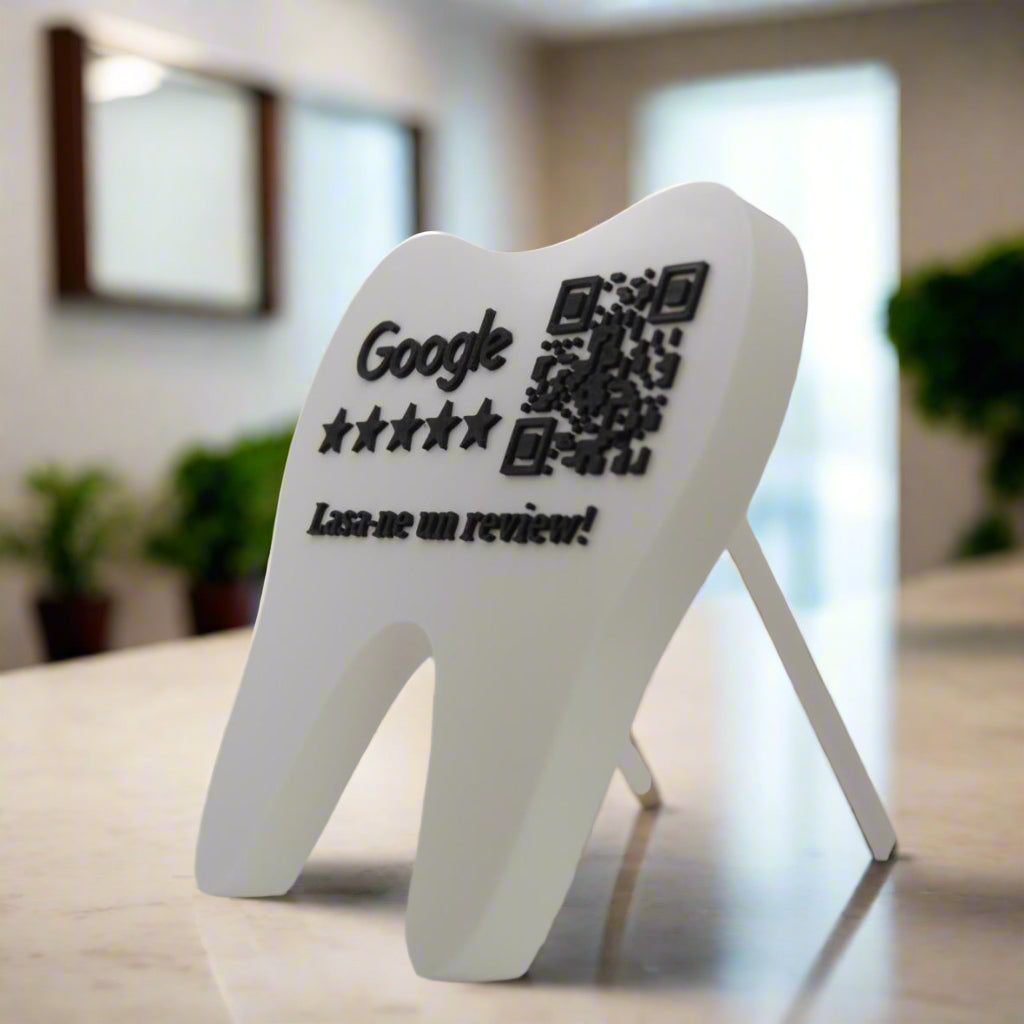 QR & NFC Stand for Google Reviews – Tooth-Shaped Design for Dental Clinics
