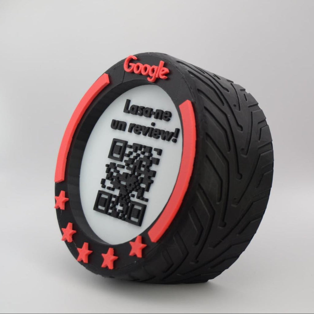 QR & NFC Stand for Google Reviews – F1 Wheel Design in Multiple Colors