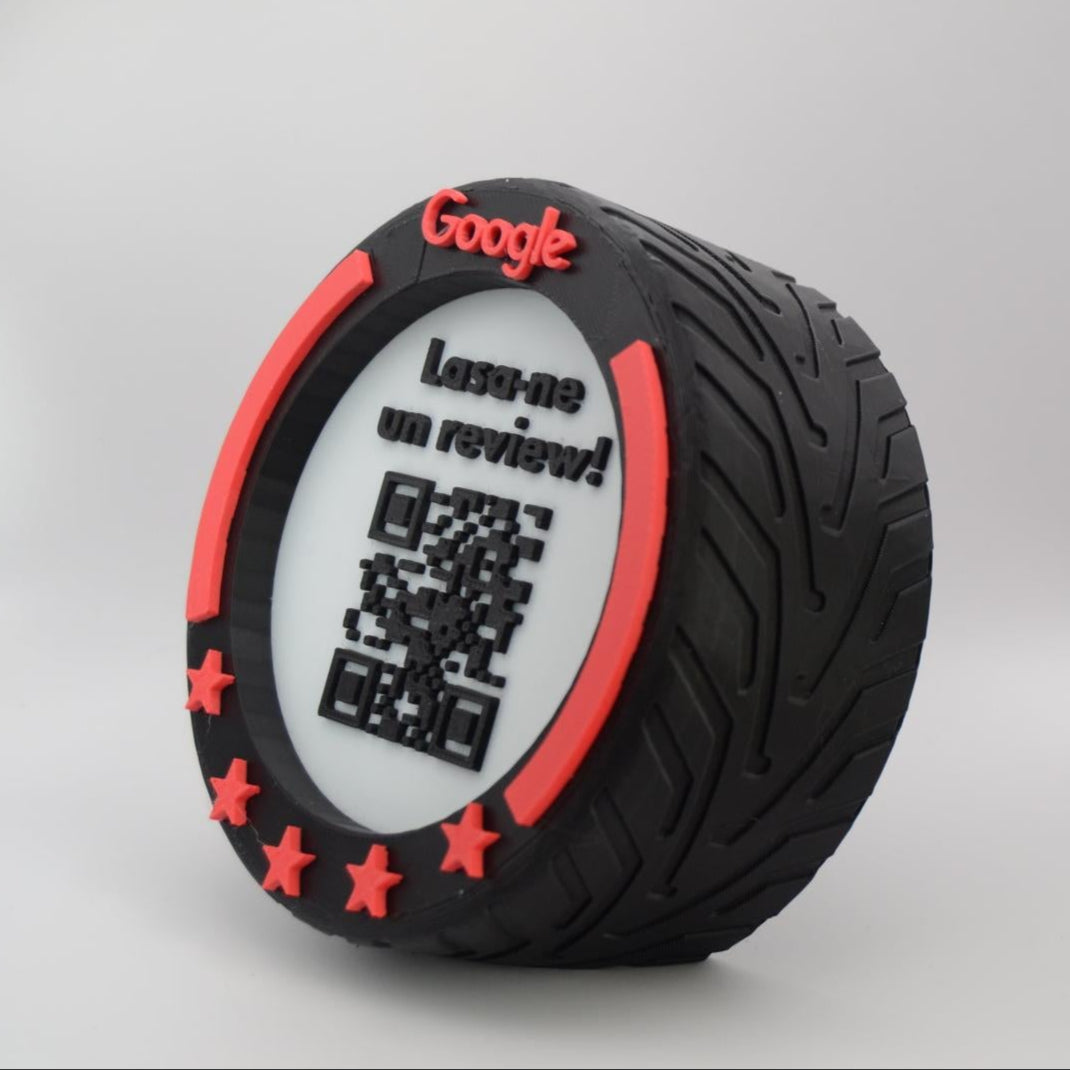 QR & NFC Stand for Google Reviews – F1 Wheel Design in Multiple Colors