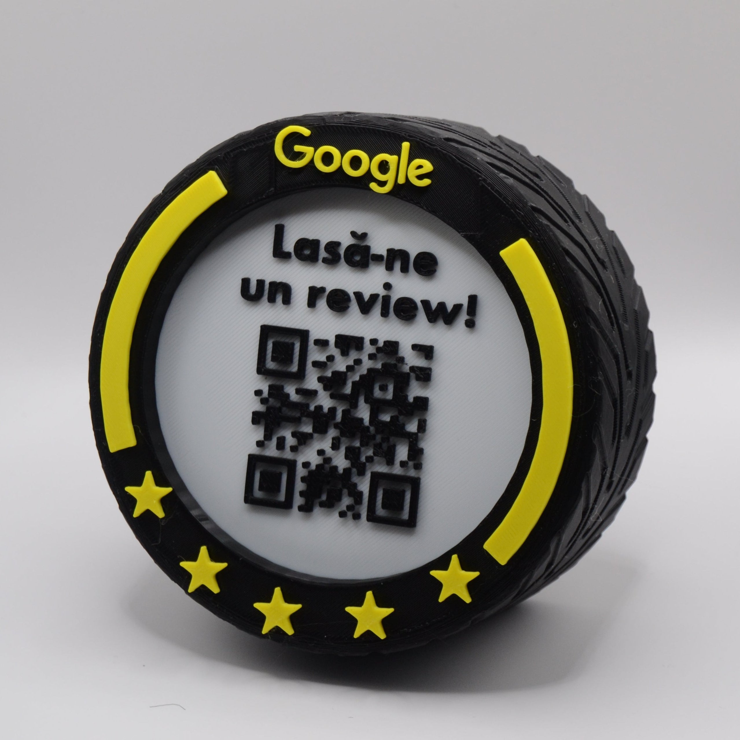 QR & NFC Stand for Google Reviews – F1 Wheel Design in Multiple Colors