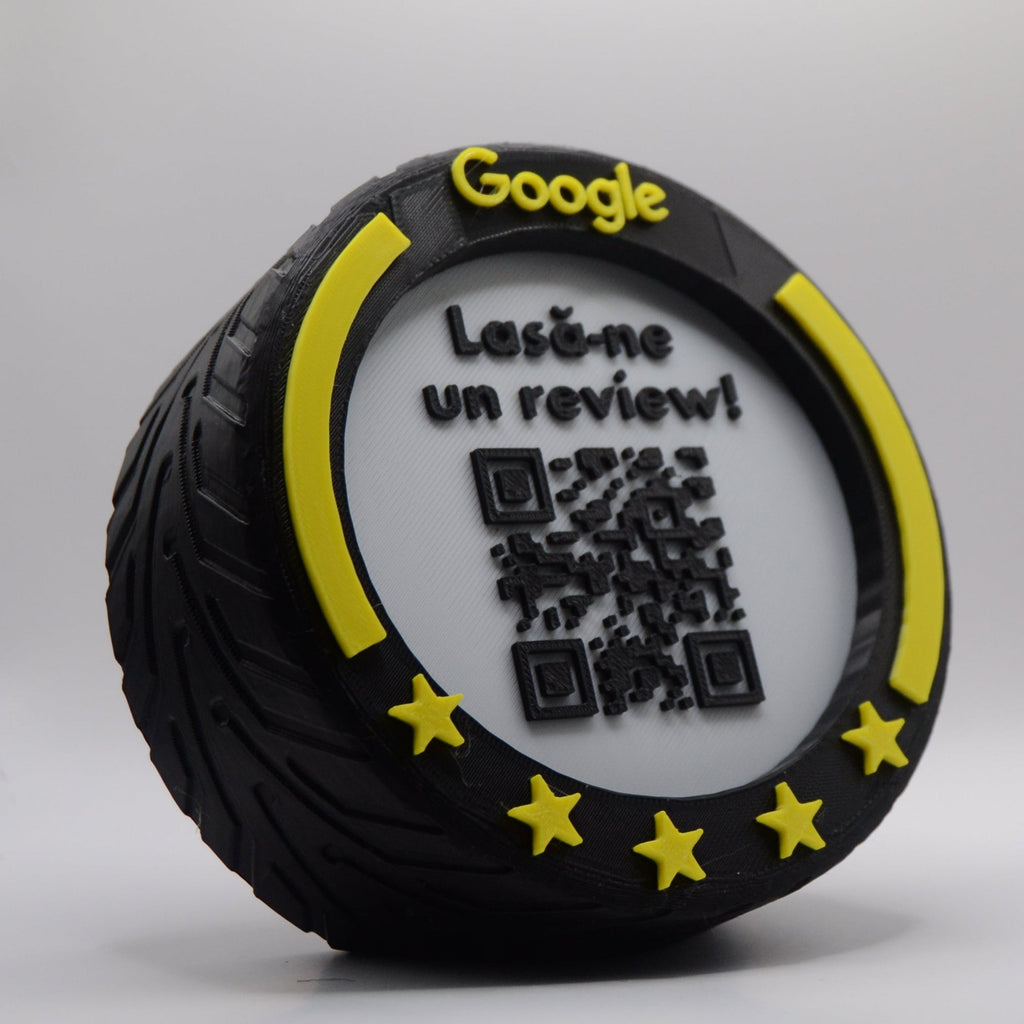 QR & NFC Stand for Google Reviews – F1 Wheel Design in Multiple Colors